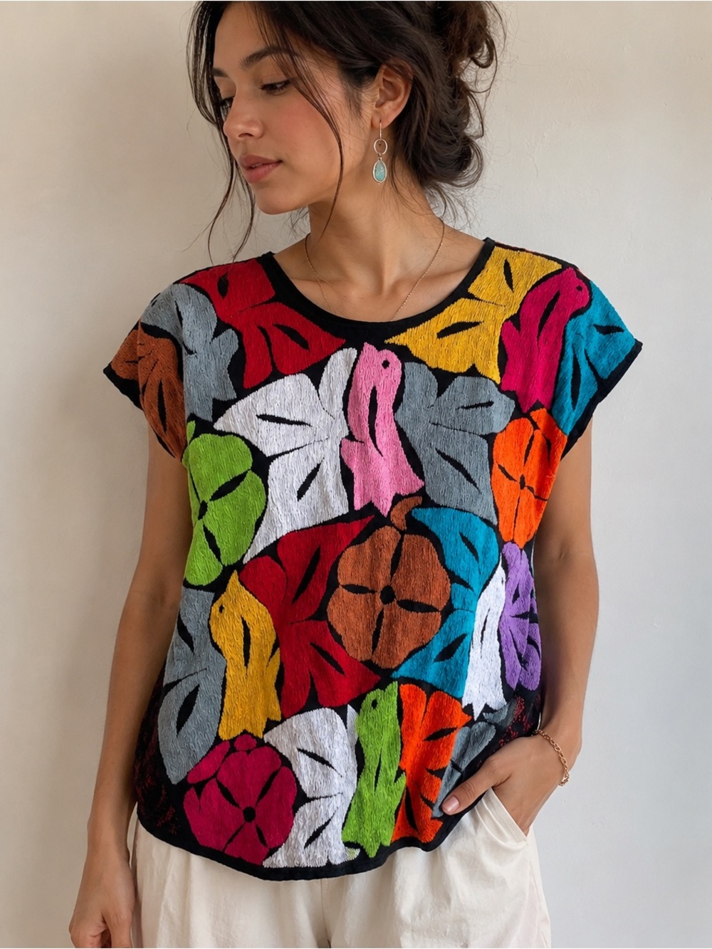 Hand Embroidered Floral Huipil Boho Artisan Blouse Colorful Festival Folk Art